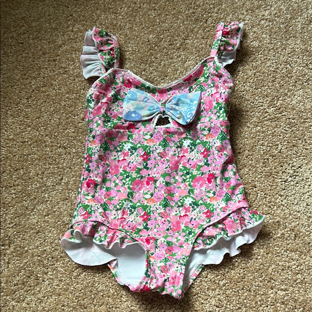 SweetHoney Pink Floral Ruffle One-Piece Swimsuit with Blue Bow